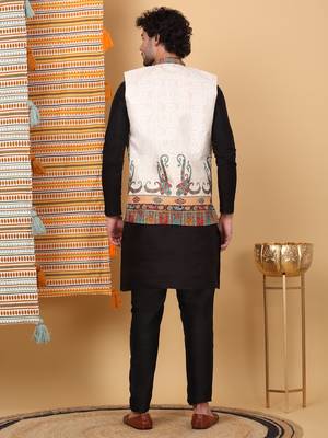 Silk blend black kurta and churidar with paisley printed cream nehru jacket 3