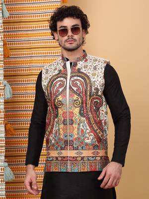 Silk blend black kurta and churidar with paisley printed cream nehru jacket 4