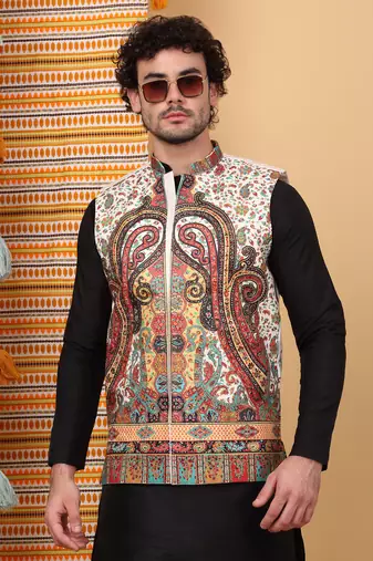 Silk blend black kurta and churidar with paisley printed cream nehru jacket