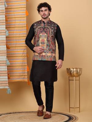 Silk blend black kurta and churidar with paisley printed black nehru jacket 1