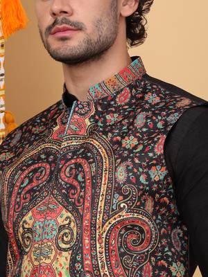 Silk blend black kurta and churidar with paisley printed black nehru jacket 2