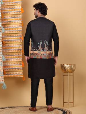 Silk blend black kurta and churidar with paisley printed black nehru jacket 3