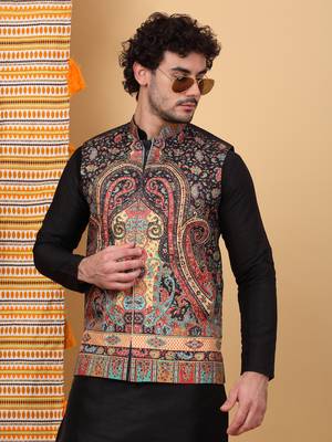 Silk blend black kurta and churidar with paisley printed black nehru jacket 4