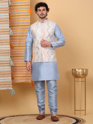 Silk blend sky blue kurta and churidar with embroidered cream nehru jacket 1