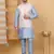 Silk blend sky blue kurta and churidar with embroidered cream nehru jacket