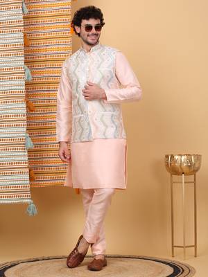 Silk blend peach kurta and churidar with embroidered cream nehru jacket 1