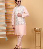 Silk blend peach kurta and churidar with embroidered cream nehru jacket