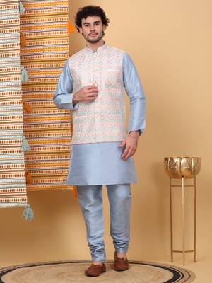 Silk blend sky blue kurta and churidar with embroidered cream nehru jacket 1