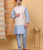 Silk blend sky blue kurta and churidar with embroidered cream nehru jacket