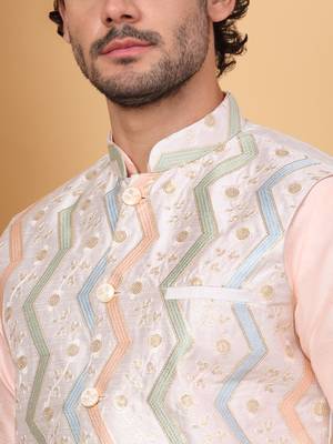 Silk blend peach kurta and churidar with embroidered cream nehru jacket 2