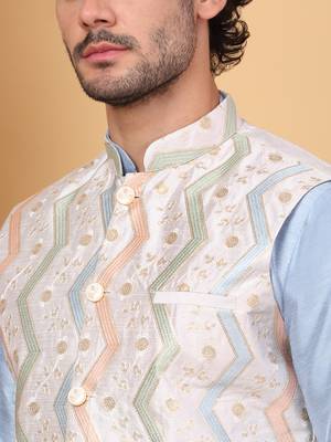Silk blend sky blue kurta and churidar with embroidered cream nehru jacket 2