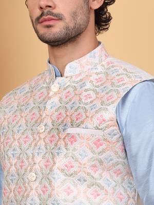 Silk blend sky blue kurta and churidar with embroidered cream nehru jacket 2
