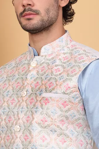 Silk blend sky blue kurta and churidar with embroidered cream nehru jacket