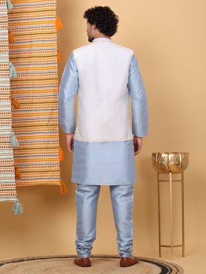 Silk blend sky blue kurta and churidar with embroidered cream nehru jacket 3