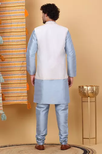 Silk blend sky blue kurta and churidar with embroidered cream nehru jacket