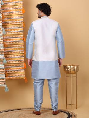 Silk blend sky blue kurta and churidar with embroidered cream nehru jacket 3