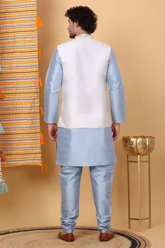 Silk blend sky blue kurta and churidar with embroidered cream nehru jacket