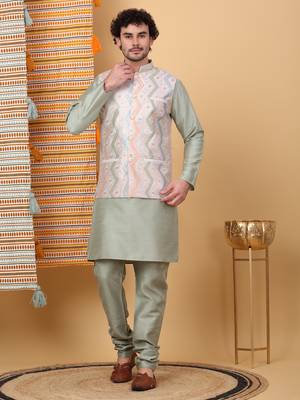 Silk blend olive green kurta and churidar with embroidered cream nehru jacket 1