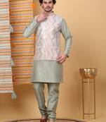 Silk blend olive green kurta and churidar with embroidered cream nehru jacket
