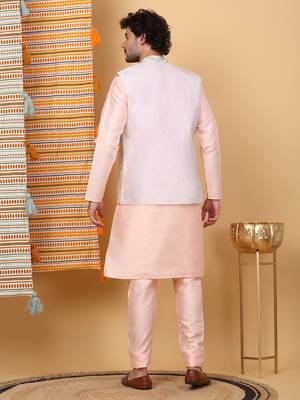Silk blend peach kurta and churidar with embroidered cream nehru jacket 3