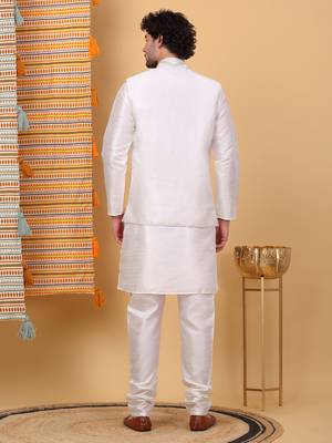 Silk blend cream kurta and churidar with embroidered cream nehru jacket 3