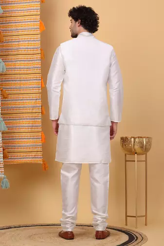 Silk blend cream kurta and churidar with embroidered cream nehru jacket