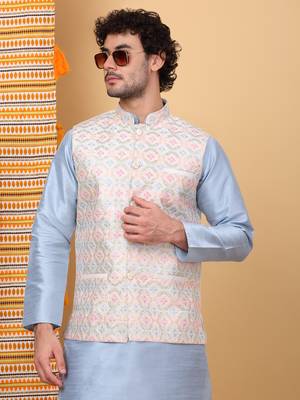 Silk blend sky blue kurta and churidar with embroidered cream nehru jacket 4