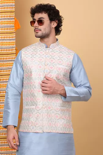 Silk blend sky blue kurta and churidar with embroidered cream nehru jacket