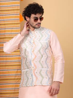 Silk blend peach kurta and churidar with embroidered cream nehru jacket 4