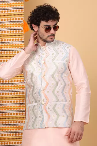 Silk blend peach kurta and churidar with embroidered cream nehru jacket