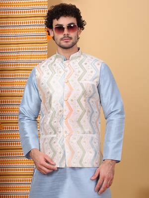 Silk blend sky blue kurta and churidar with embroidered cream nehru jacket 4