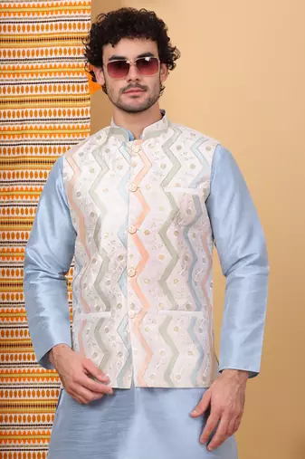 Silk blend sky blue kurta and churidar with embroidered cream nehru jacket