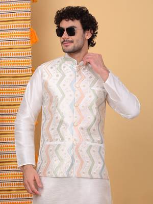 Silk blend cream kurta and churidar with embroidered cream nehru jacket 4
