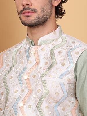 Silk blend olive green kurta and churidar with embroidered cream nehru jacket 2