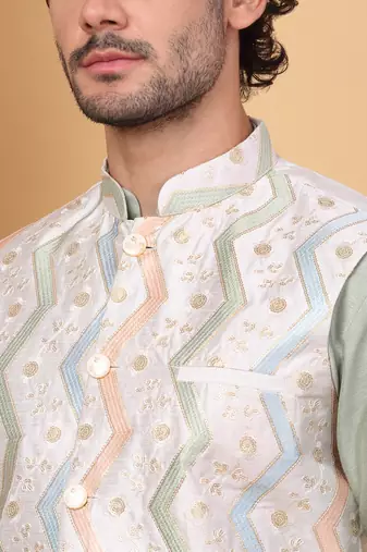 Silk blend olive green kurta and churidar with embroidered cream nehru jacket