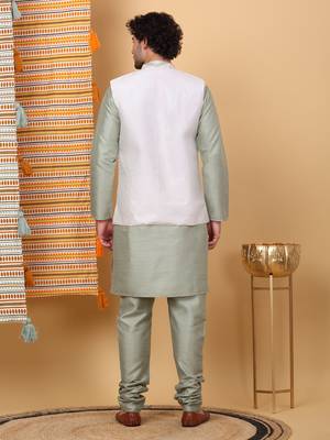 Silk blend olive green kurta and churidar with embroidered cream nehru jacket 3