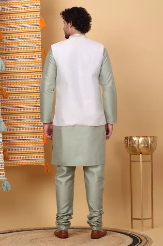 Silk blend olive green kurta and churidar with embroidered cream nehru jacket