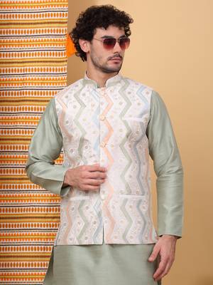 Silk blend olive green kurta and churidar with embroidered cream nehru jacket 4