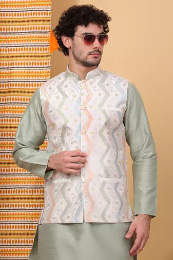Silk blend olive green kurta and churidar with embroidered cream nehru jacket