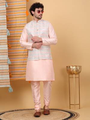 Silk blend peach kurta and churidar with embroidered cream nehru jacket 1
