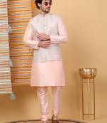 Silk blend peach kurta and churidar with embroidered cream nehru jacket
