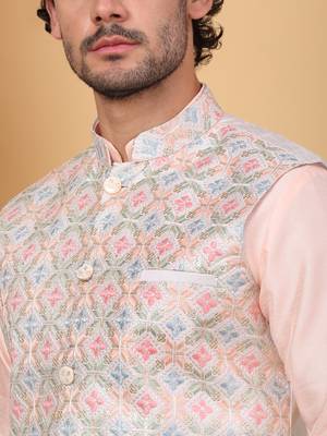 Silk blend peach kurta and churidar with embroidered cream nehru jacket 2