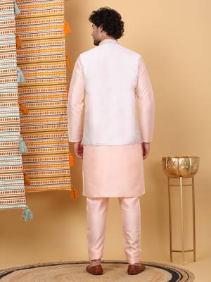Silk blend peach kurta and churidar with embroidered cream nehru jacket 3