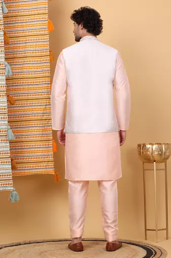 Silk blend peach kurta and churidar with embroidered cream nehru jacket