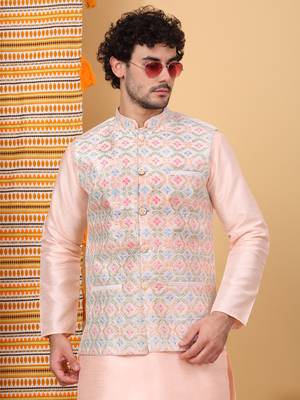 Silk blend peach kurta and churidar with embroidered cream nehru jacket 4