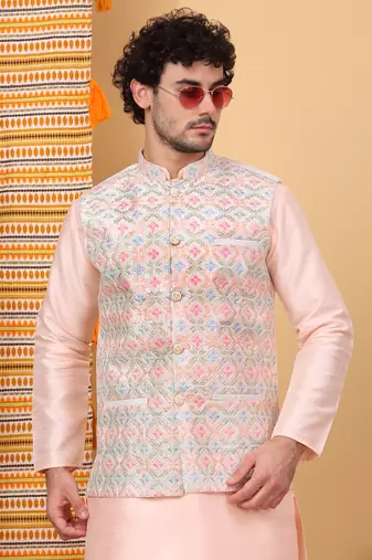 Silk blend peach kurta and churidar with embroidered cream nehru jacket