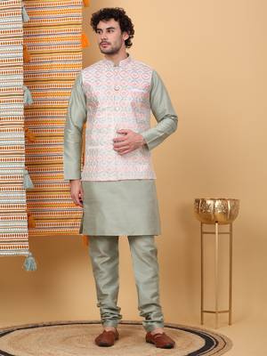 Silk blend olive green kurta and churidar with embroidered cream nehru jacket 1