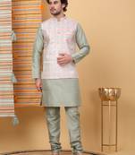 Silk blend olive green kurta and churidar with embroidered cream nehru jacket
