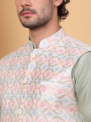 Silk blend olive green kurta and churidar with embroidered cream nehru jacket 2