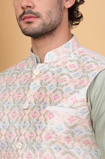 Silk blend olive green kurta and churidar with embroidered cream nehru jacket
